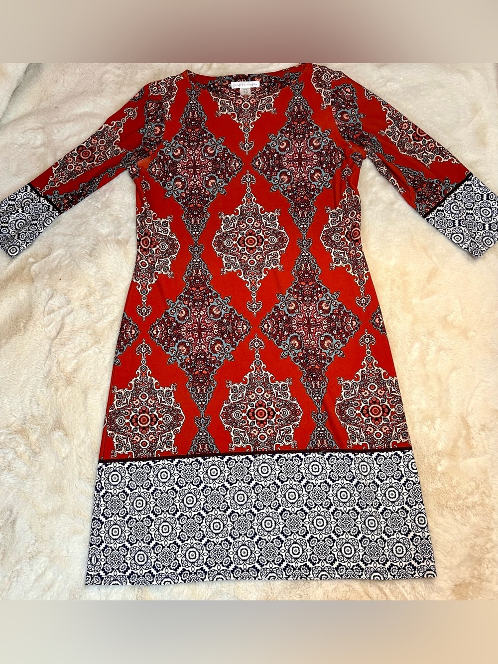 London Times Damask Medallion Print Border Shift Dress 3/4 Sleeve